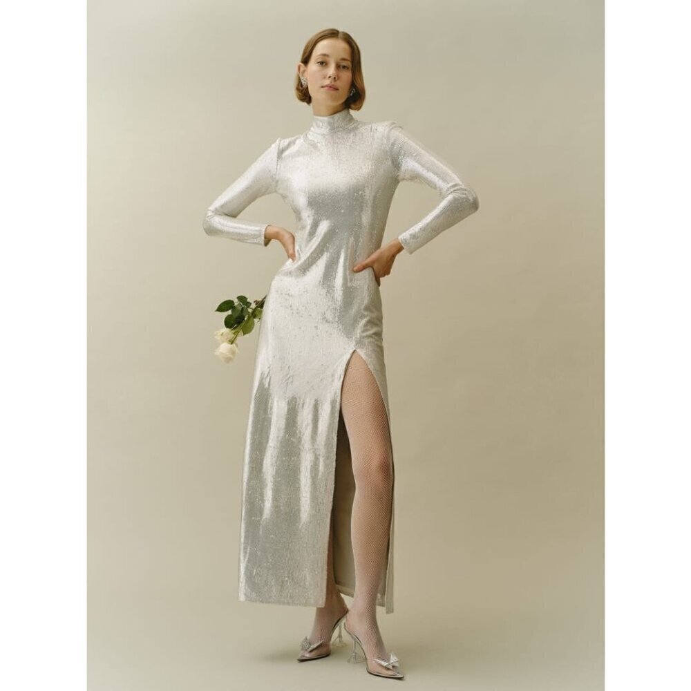 💕REFORMATION💕 Talicia Sequin Mock Neck Maxi Dress ~ Silver Sparkle 6 NWT